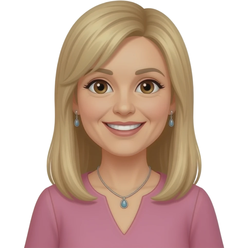 female, 50's, blonde with brown highlights, straight long hair, straight fringe, earrings, brown eyes, pink dress, smile with teeth, neclace emoji