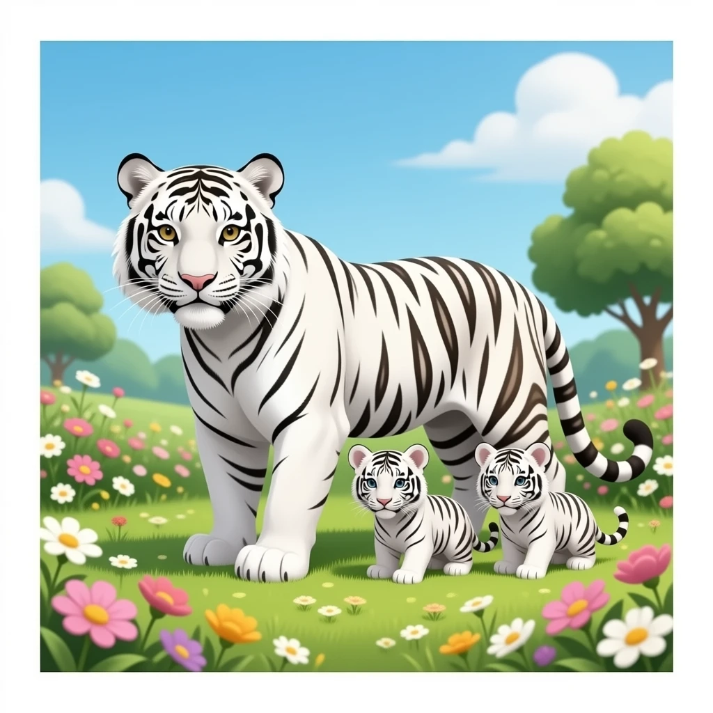 White mountain tiger with three baby cubs sitting in garden of flowers emoji