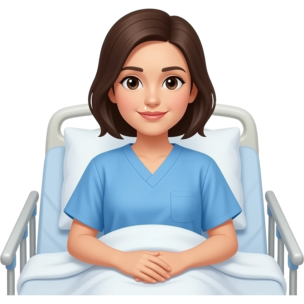 paciente mujer con en habitación de hospital y bata azul estilo apple emoji emoji