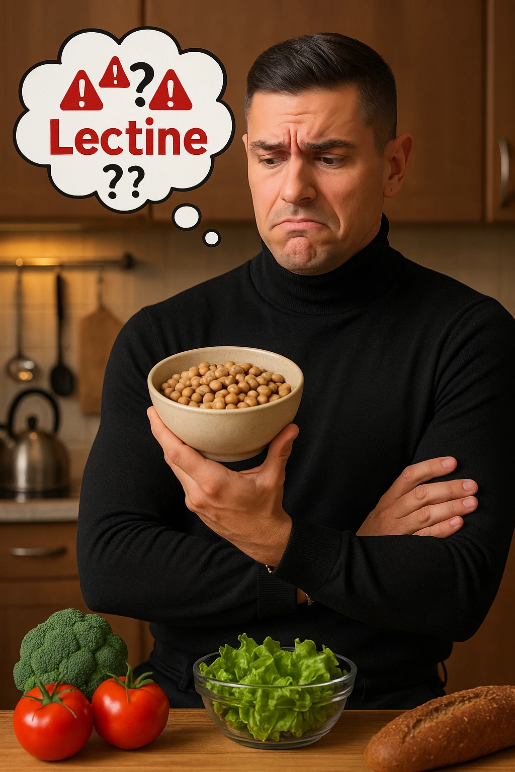 un uomo in cucina tiene in mano una ciotola di legumi (come fagioli o ceci) e li osserva con un’espressione dubbiosa e leggermente preoccupata. Sopra la ciotola, una nuvoletta di pensiero mostra la parola “Lectine” evidenziata in rosso, insieme a simboli di allarme o punti interrogativi. Sullo sfondo, altri alimenti salutari sono visibili sul tavolo, sottolineando il suo scetticismo verso i legumi. emoji