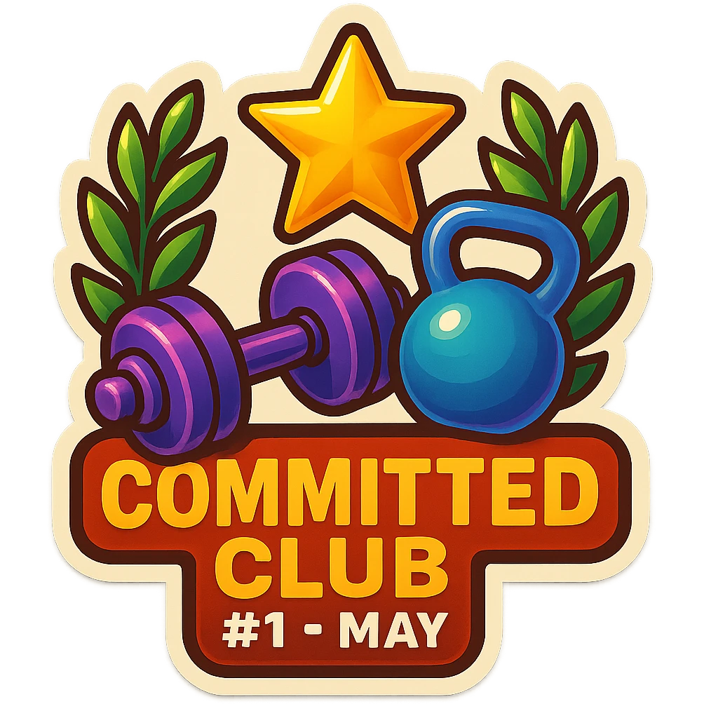 gym sticker for the member with the most check-ins in May, featuring a star, laurel wreath, and gym equipment, with the text 'Committed Club #1 – May' in a bold, uplifting design emoji