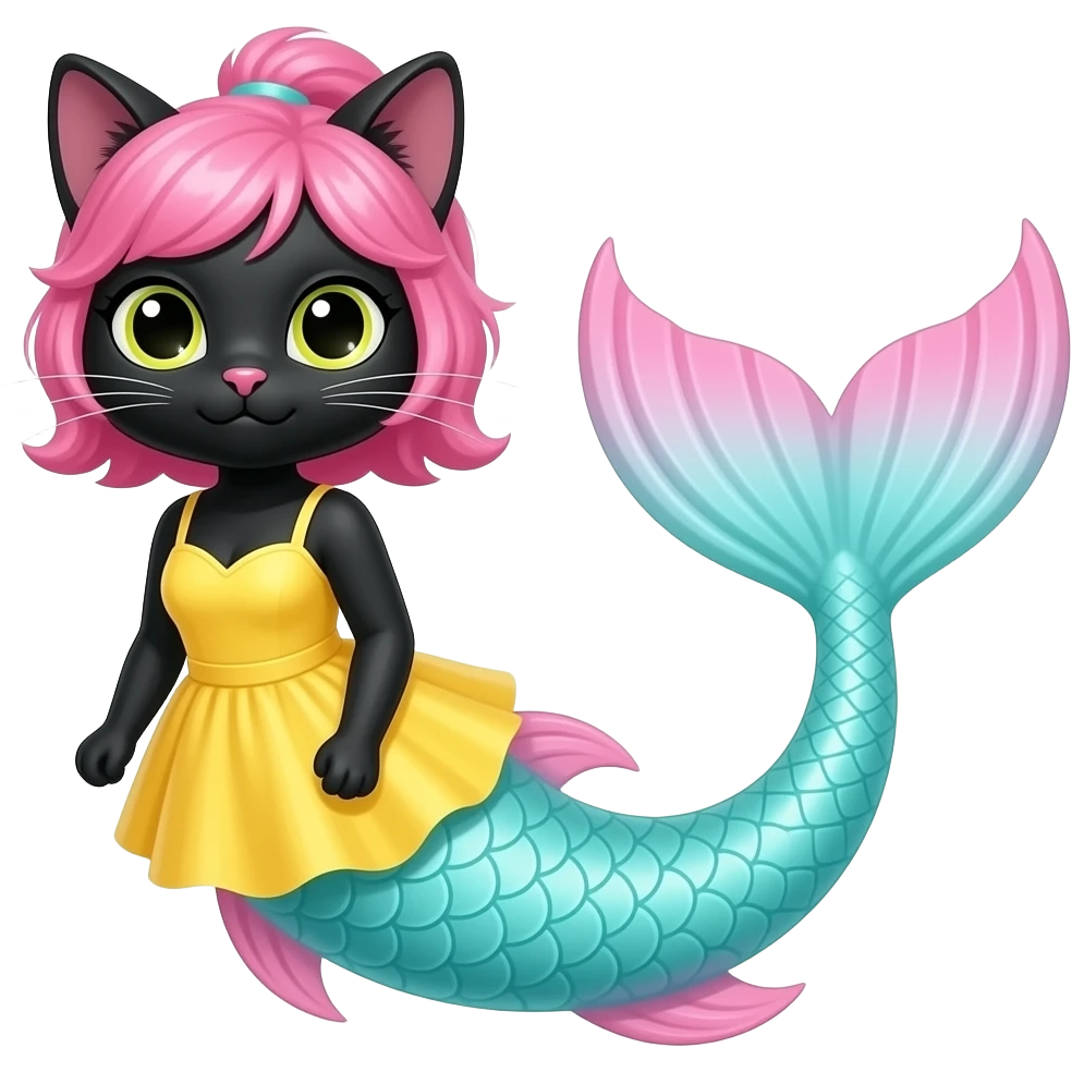 black anthro cat  with  pink hair yellow dress  attached to long cyan and white tight  long  mermaid tail with pink fins emoji
