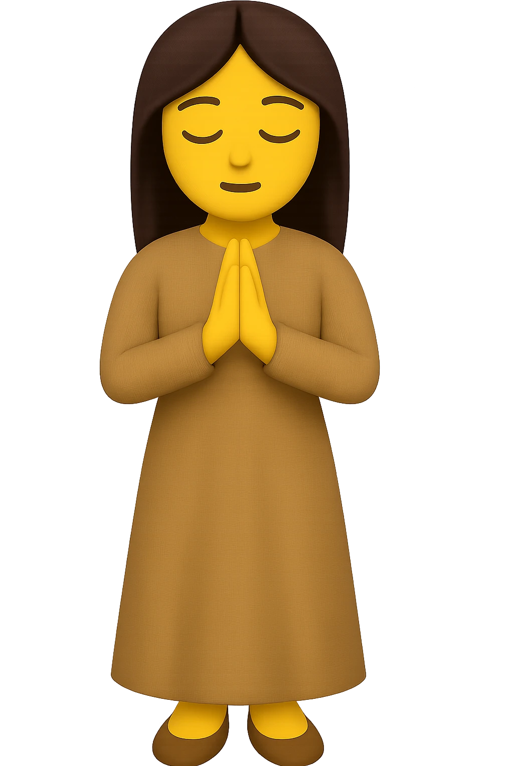 Show the woman standing and praying from the front view, wearing a long tan dress, with dark brown hair, in emoji style. Remove the background. emoji