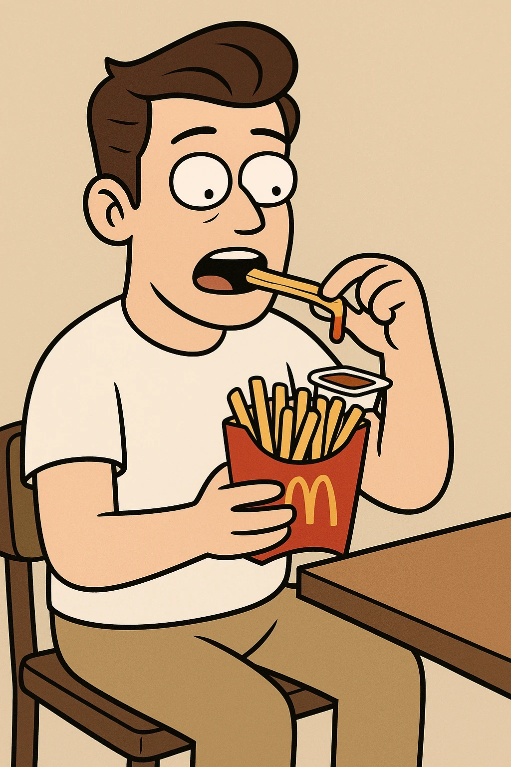 Side oil head brown hair white shirt beige shirts  eating mcdonalds fries some sauce emoji