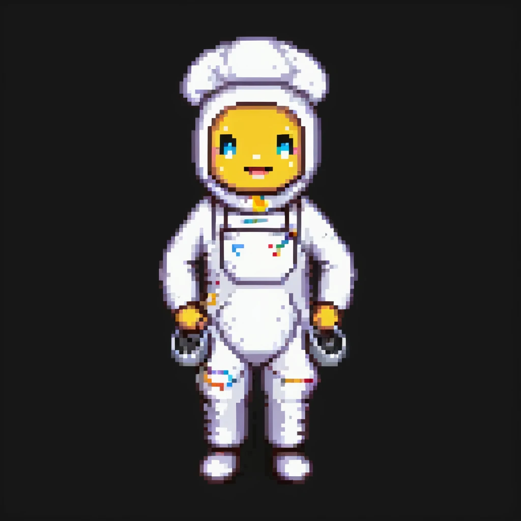 Portrait of a baker wearing a metallic baking suit with built-in tools, chrome textures and LED accents, skeuomorphism style emoji