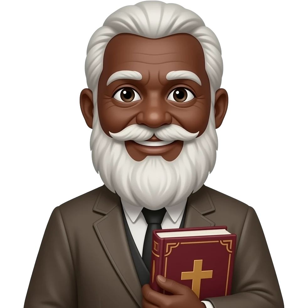 wise old man with greying white hair white beard black skin smile with burgundy book that has a cross on it emoji