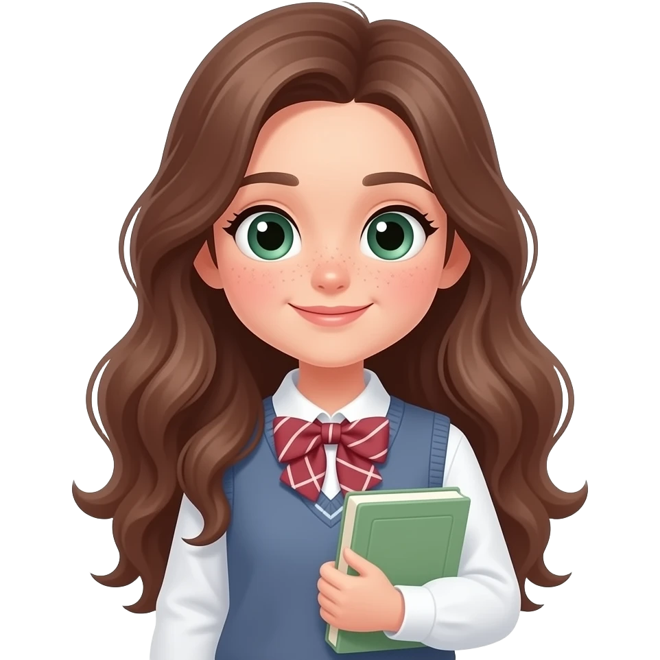 Cute study girl, Long BROWN wavy hair, green eyes, soft WITH not volominous SLIM FACE , aesthetic, minimal, pastel colors, cozy study vibe, holding book or notebook,PREPPY VERY PRETTY FACE WITH FRECKLES emoji
