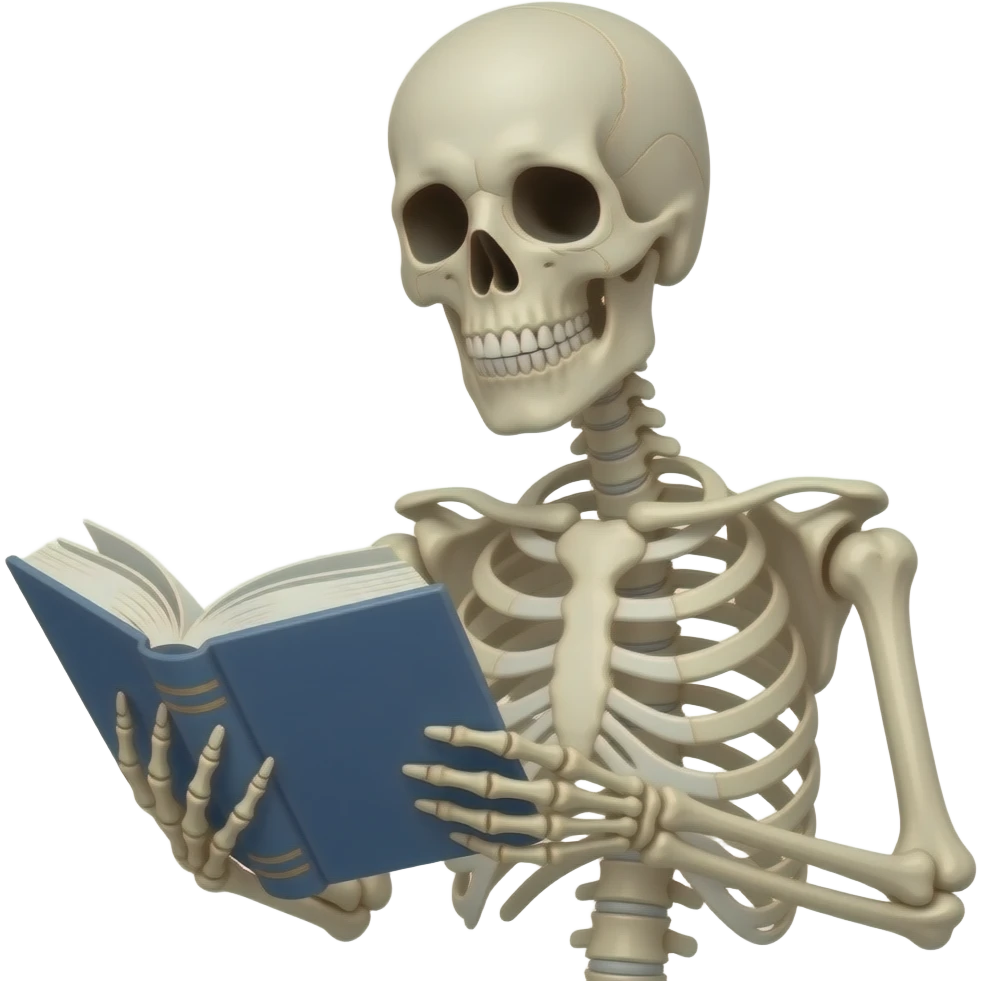 A skeleton holding a book in its hands and looking confused, waist and up view emoji