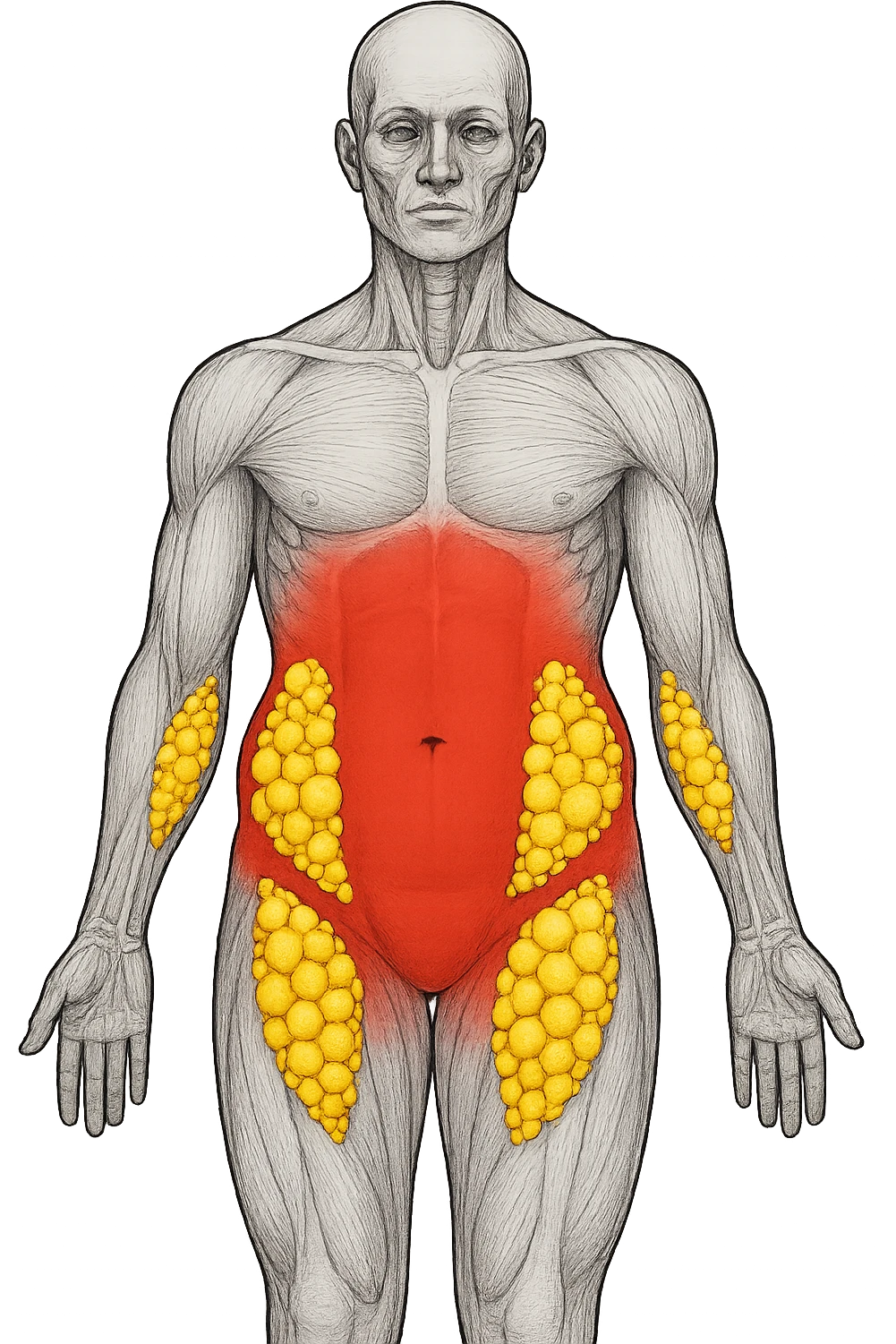 corpo umano anatomico con addome e fianchi segnati in rosso, grappoli di cellule adipose gialle su fianchi e addome emoji