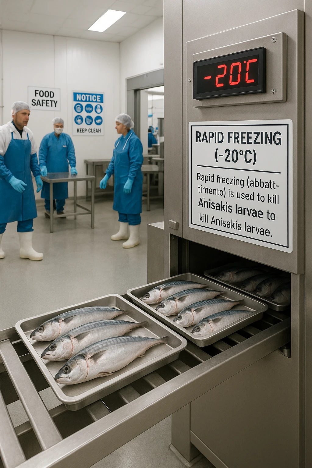 a fish processing facility where freshly caught fish are placed on trays and moved into a large industrial freezer. A temperature gauge shows -20°C, and an educational label explains that rapid freezing (abbattimento) is used to kill Anisakis larvae. The background includes workers in protective clothing and clear signage about food safety. emoji