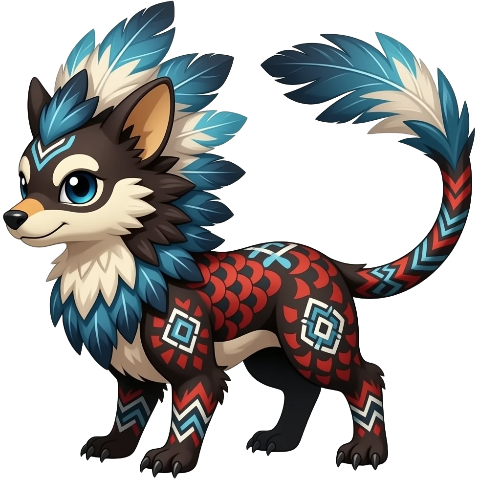 Tribal-patterned aboriginal majestic feathery elegant realistic stylish Furry, fluffy feathery tropical painted scaly, dark-brown, sanguine-red, blue, white, black, Minccino-Bambino-Linoone-Zangoose-fusion-hybrid-animal-Fakémon-creature, full body, thin long sleek tufted tail, intricate markings emoji