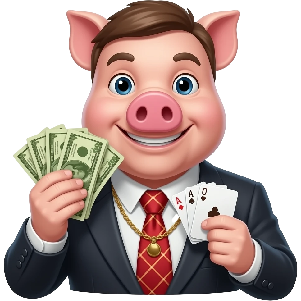 Gambler pig holding money, cards front facing half bust emoji