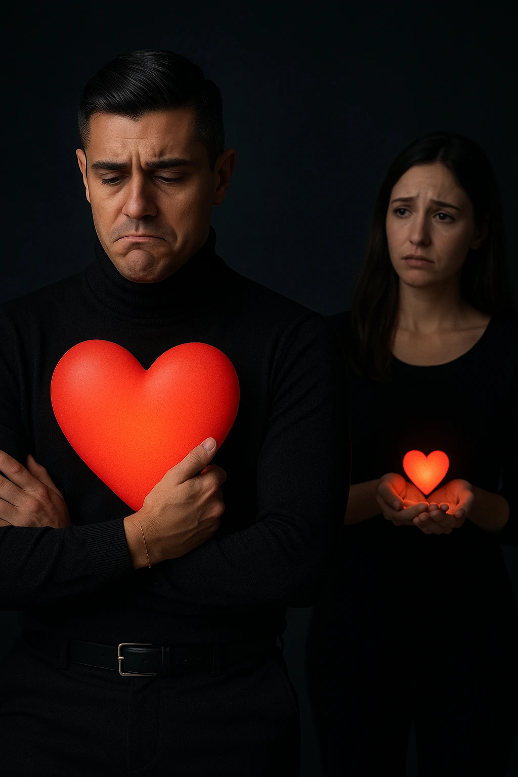 an Italian man in his 30s with olive skin and dark hair stands apart from a woman who offre un piccolo cuore luminoso tra le mani. Lui guarda il cuore con un’espressione triste e insoddisfatta, tenendo tra le braccia un cuore molto più grande e brillante, mentre la distanza tra loro è accentuata da luci soffuse e ombre. emoji