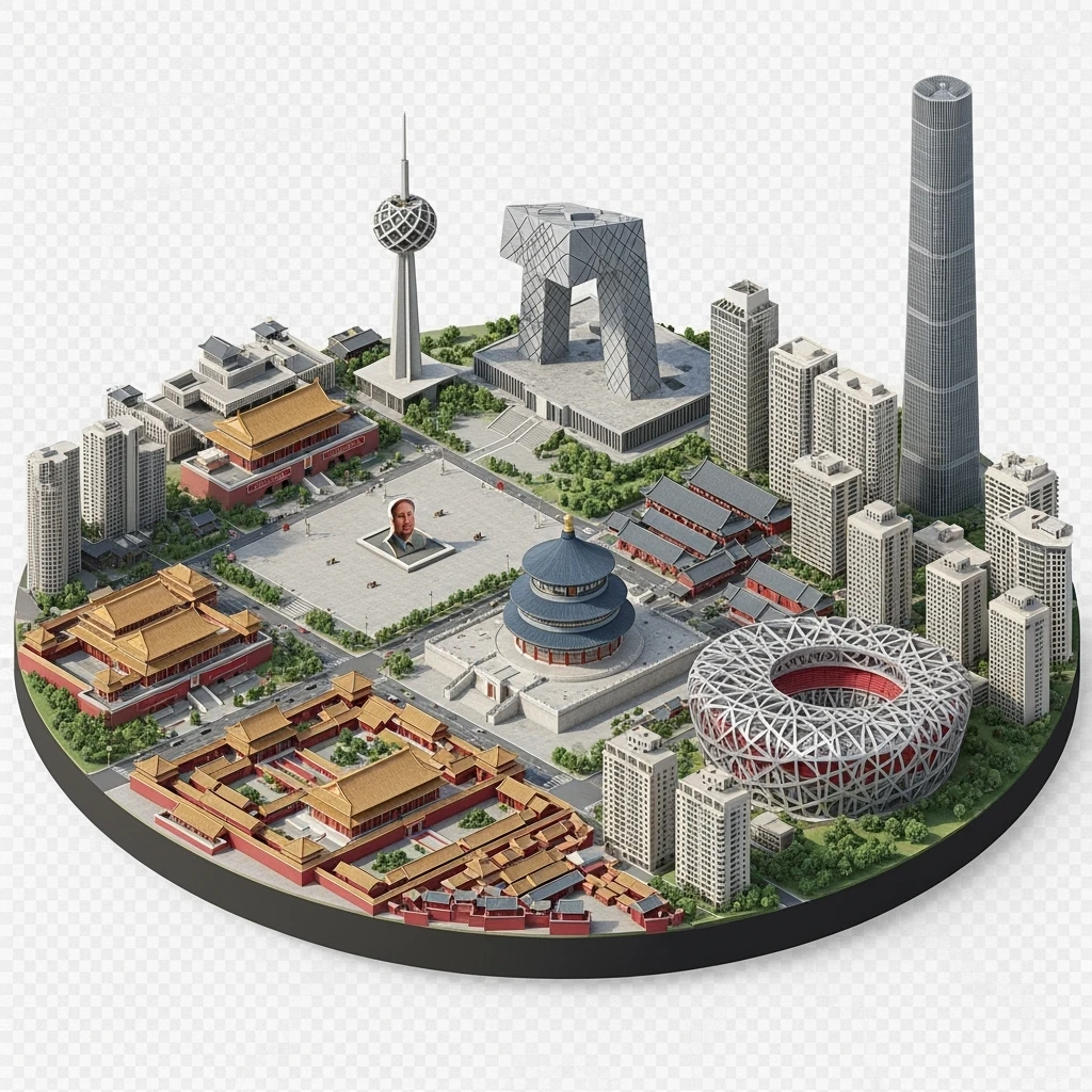 Isometric miniature of Beijing Forbidden City, Tiananmen Square, CCTV Headquarters, Temple of Heaven, China Zun skyscraper, Bird’s Nest Stadium, Beijing apartment blocks, 3D miniature effect and Tilt Shift effect, no cartoonish look, transparent background, don't cut angles emoji