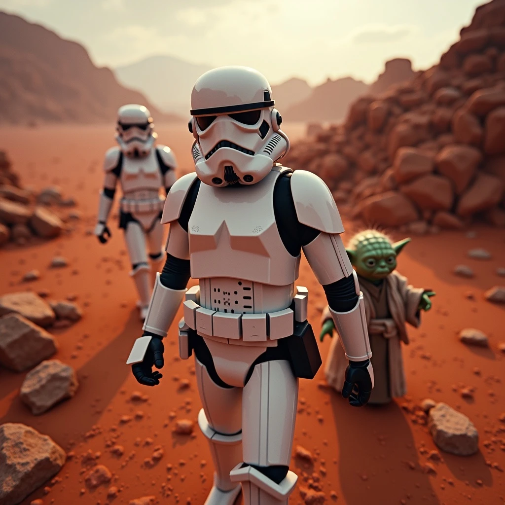 Camera POV, Starwars stormtroopers vlogging selfie, he is walking on lava planet with yoda emoji