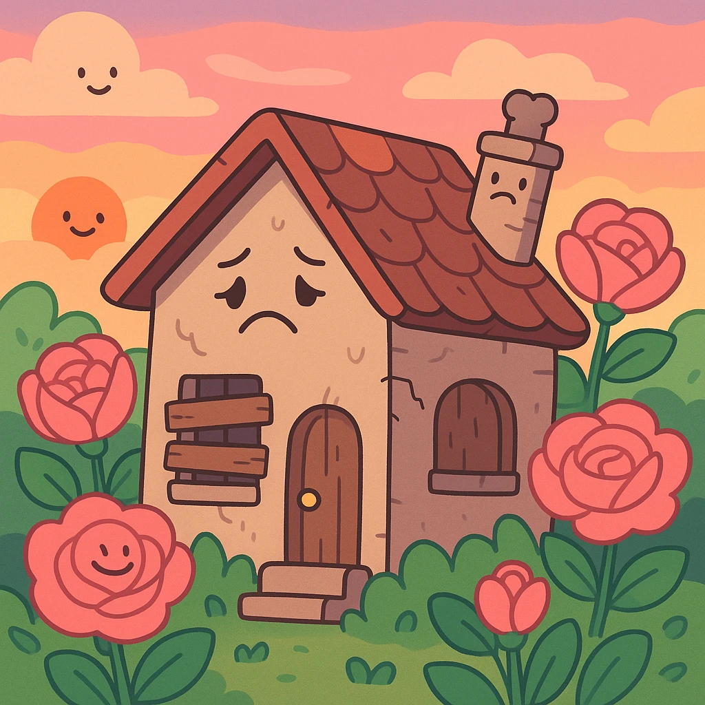 shabby house surrounded by pink roses, sunset sky, pastel tones, cozy and inviting emoji