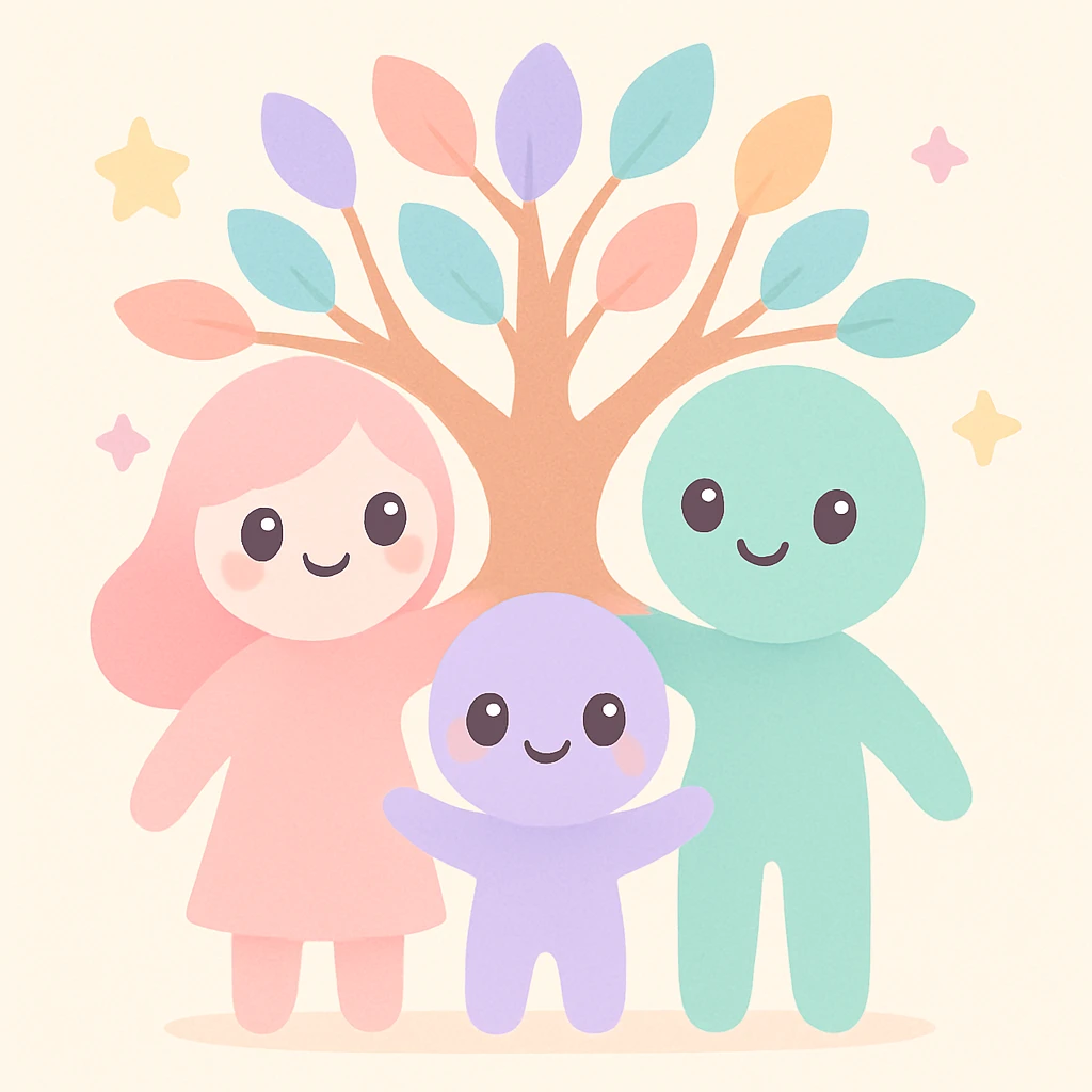 a family of three figures standing together, their bodies and arms forming the trunk and branches of a tree, warm inviting style emoji