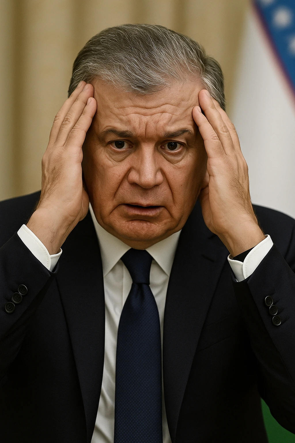 Сгенерируй мне Шавката Мерзиеева (президента Узбекистана) который держится за голову и обеспокоен emoji