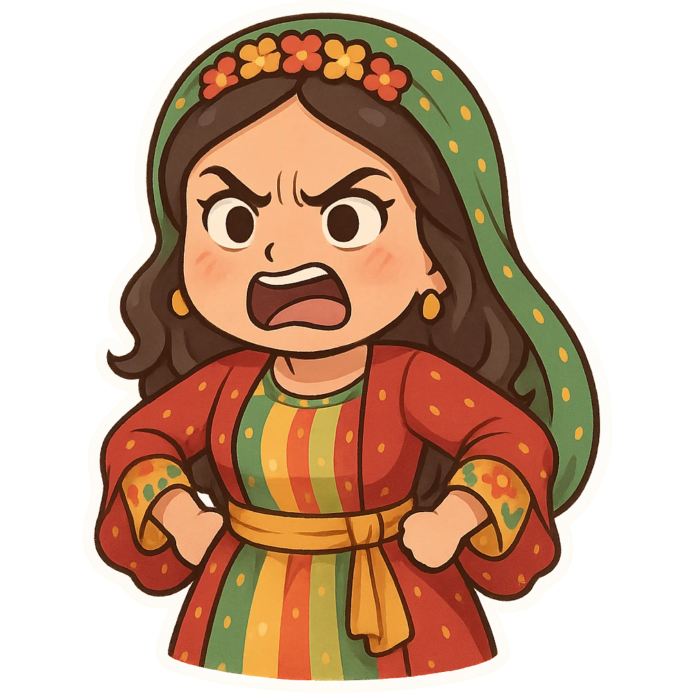 Cartoon sticker of a Kurdish woman wearing traditional colorful and cheerful Kurdish female clothing, face showing anger and rage, hands on hips and body slightly leaning forward as a sign of protest or argument, no shadow or color halo around the image, no text, suitable for WhatsApp and Instagram, with a completely transparent background. emoji