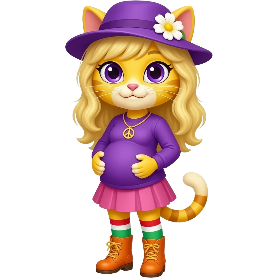 Yellow cat anthro with purple eyes blonde hair purple hat with white flower peace sign necklace  purple long sleeved shirt pink skirt  long red white green  socks orange boots with yellow buckles pregnant emoji
