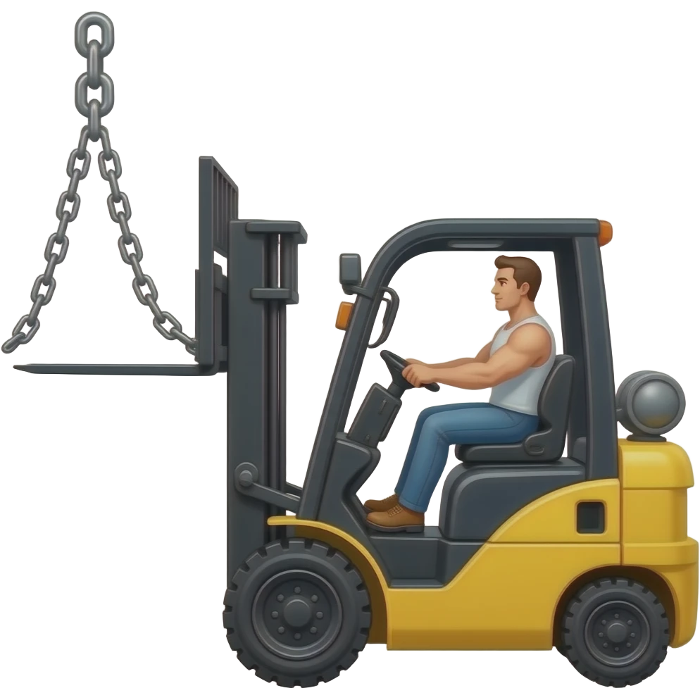 A yellow forklift with a strong man driving it, and raising up chain links. emoji