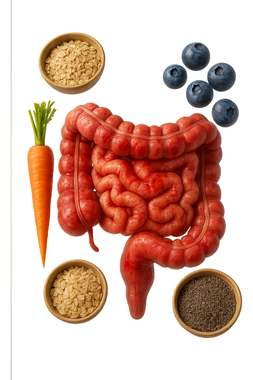 intestino umano anatomico infiammato al centro con carota, bowl di avena, mirtilli, bowl di semi di chia che gli fluttuano intorno , iperrealistico 4k emoji