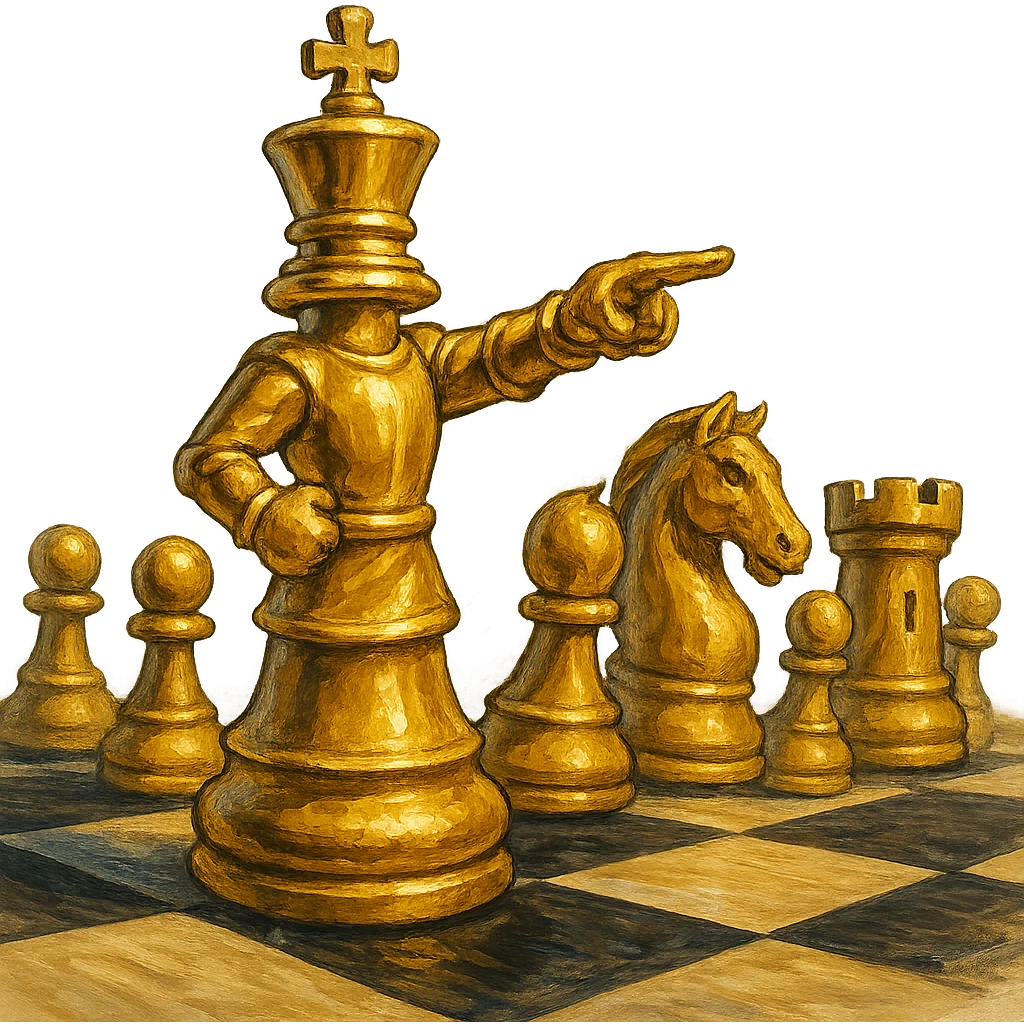 В cлегка рисованной, но при этом объемной, яркой и фотореалистичный стилистике сгенерируй картинку где по центру стоит шахматный король сделанный из качественного золота, он указывает пальцем в даль как военноначальник, а рядом фигуры пешек, конь, ладья, слон идут в атаку, на полу виднеется шахматная доска, фон позади фигур прозрачный фон emoji
