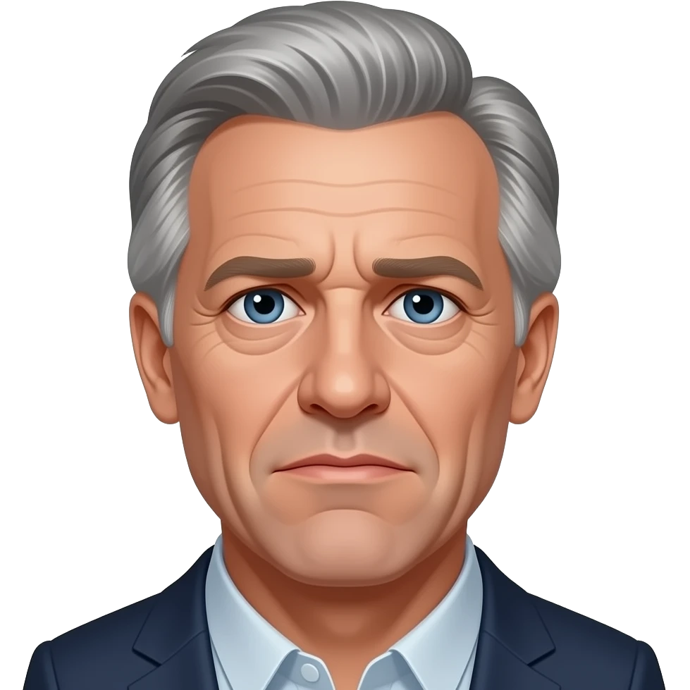 Jeffrey Epstein with grey hair and dark blue eyes. No body just head. Looking miserable like his mugshot emoji