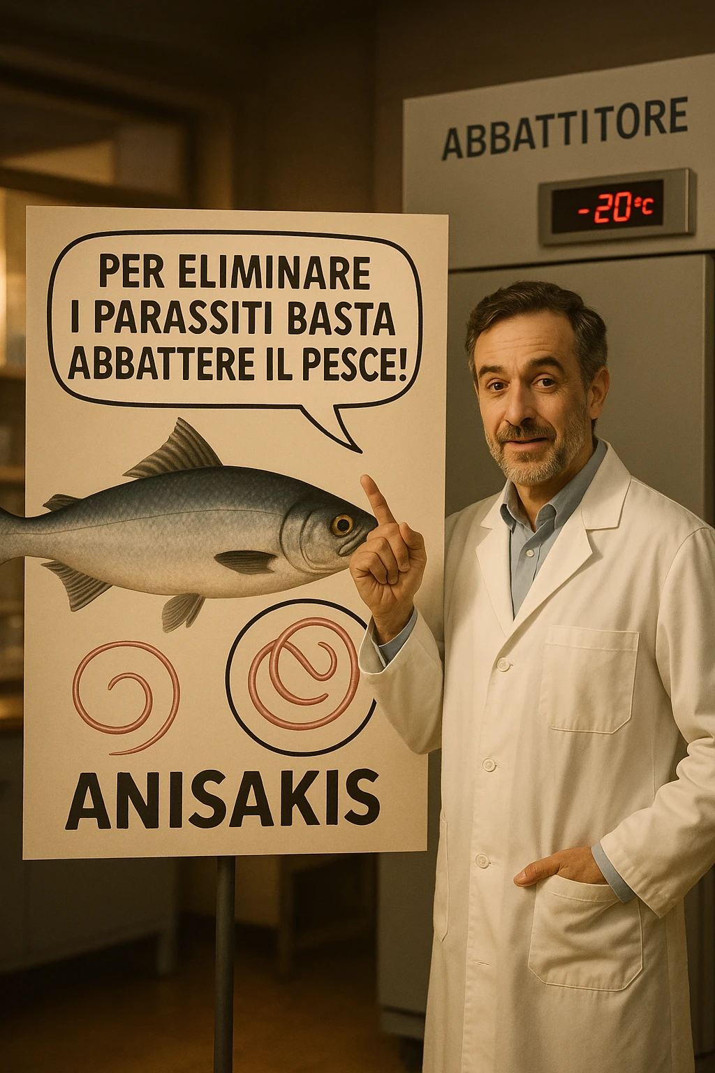 cinematic a scientist in a white lab coat stands beside a large poster showing a fish and a diagram of the Anisakis parasite. The scientist points to a speech bubble that says, “Per eliminare i parassiti basta abbattere il pesce!” In the background, a blast freezer is visible, with a temperature gauge set to -20°C. The mood is informative and reassuring. In italiano emoji