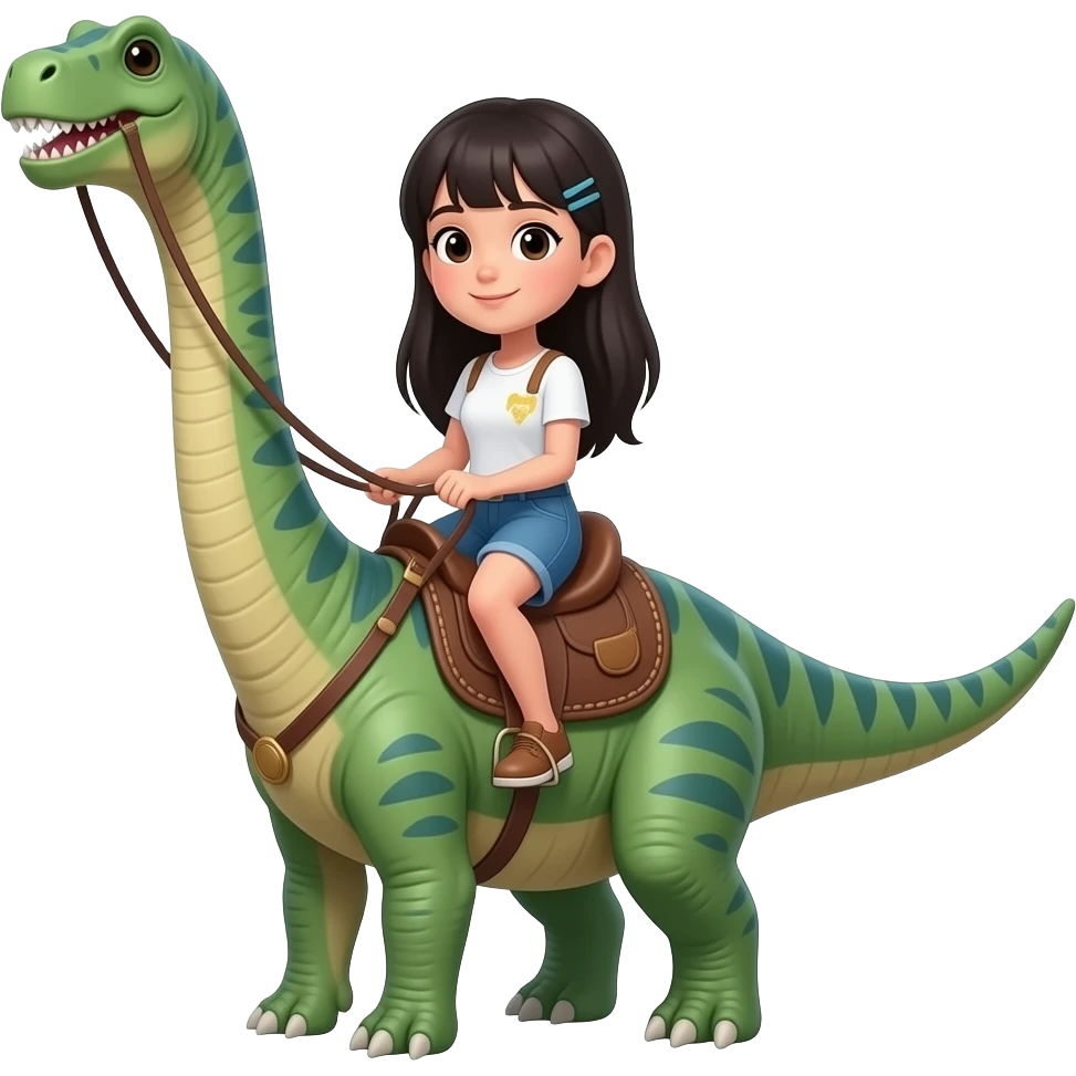 Black haired girl riding long neck dinosaur emoji