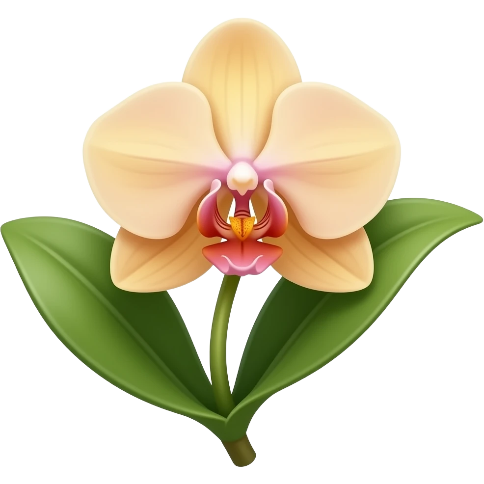 flesh colored orchid emoji on a single stem with two long green orchid leaves emoji