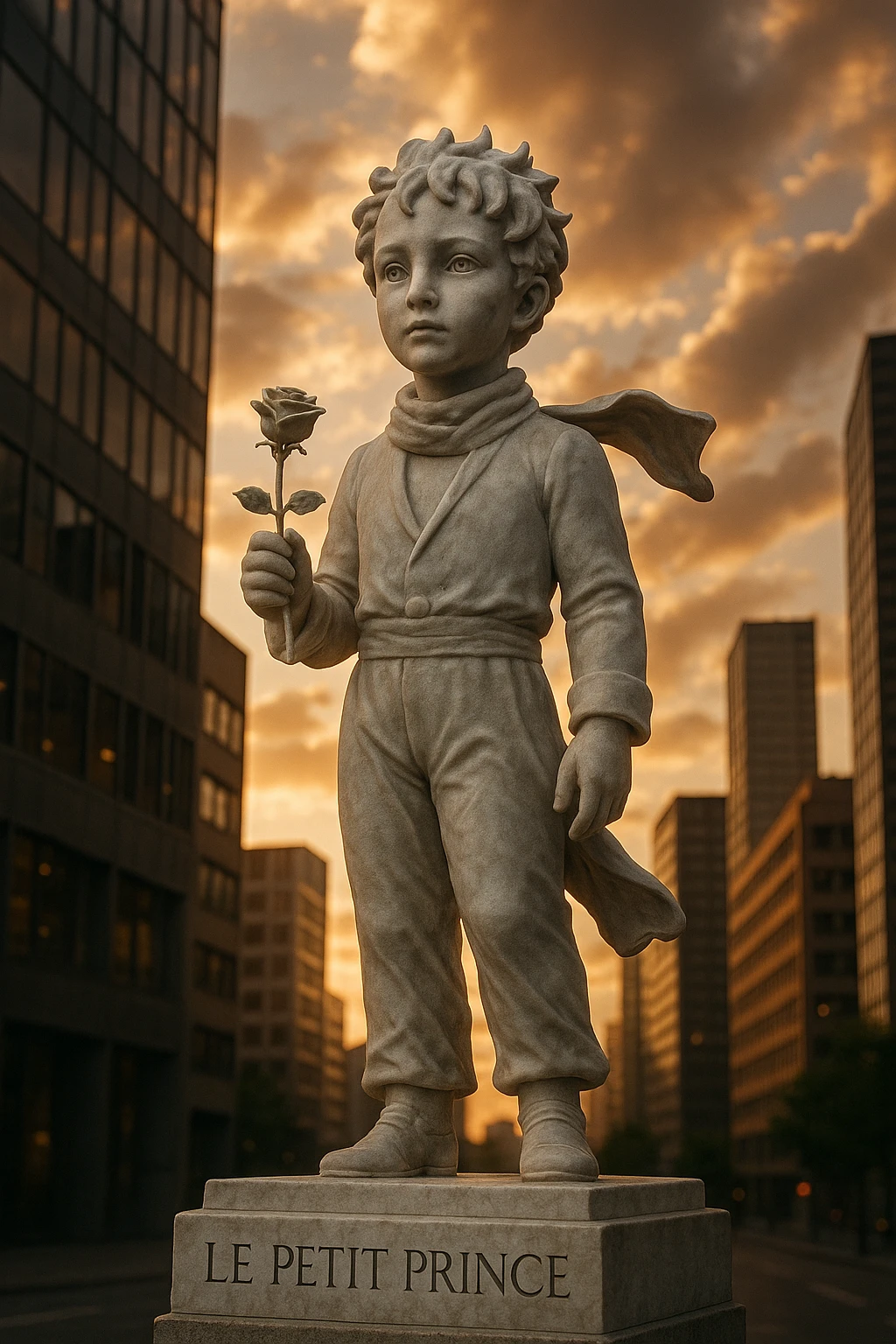 Ultra-realistic marble statue of the Little Prince with a rose in his hand, standing in a modern city. Pedestal engraved with [TEXT]. Sunset, dramatic low-angle view. emoji