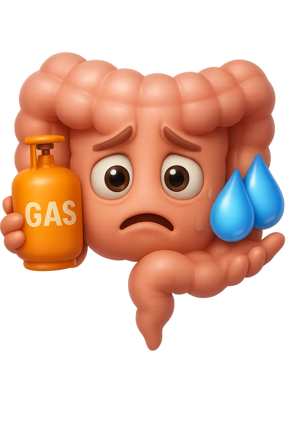 EMOJI STILE IPHONE DI un'intestino preoccupato che ha una bombola di gas con la scritta "GAS" SOPRA in mano e due gocce di acqua in 3d nell'altra mano, IPERREALISTICO 4K emoji