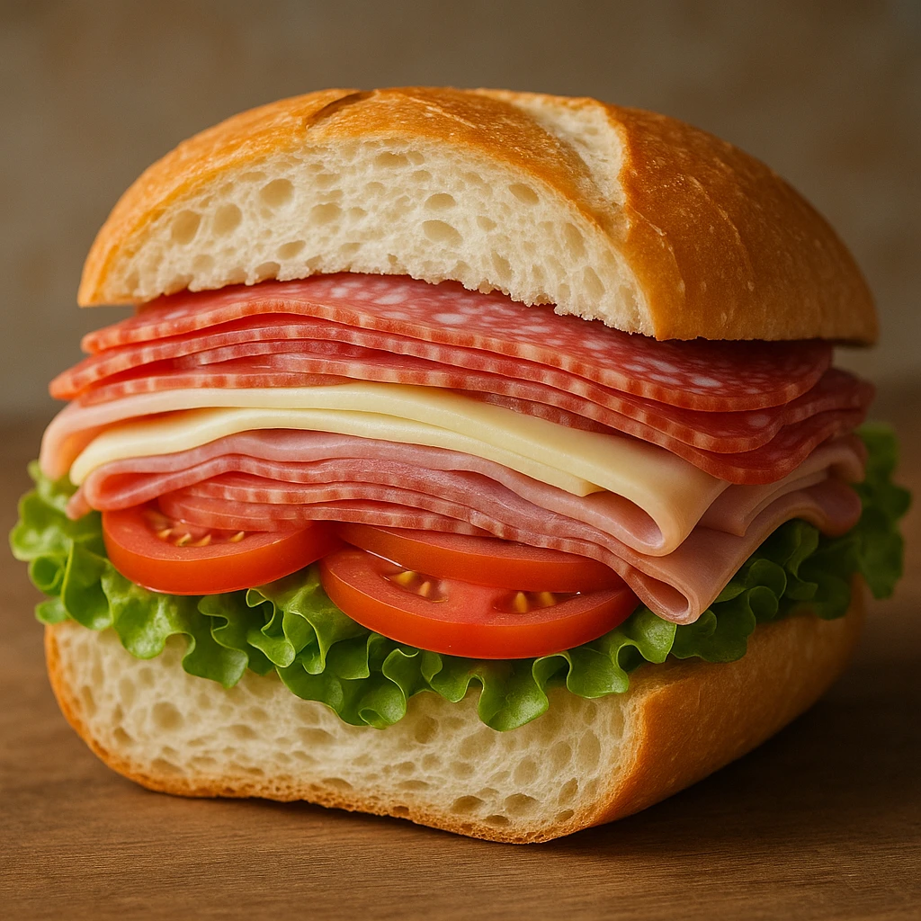 a classic Italian sub sandwich, cut in half to show fillings, with salami, ham, cheese, lettuce, and tomato emoji
