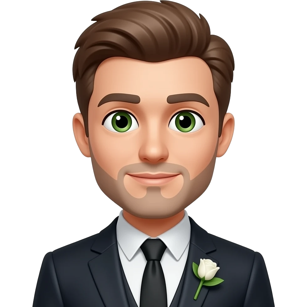 , Tall Groom white skin and brown hair, green/brown eyes, thin  beard and tall cute emoji style emoji
