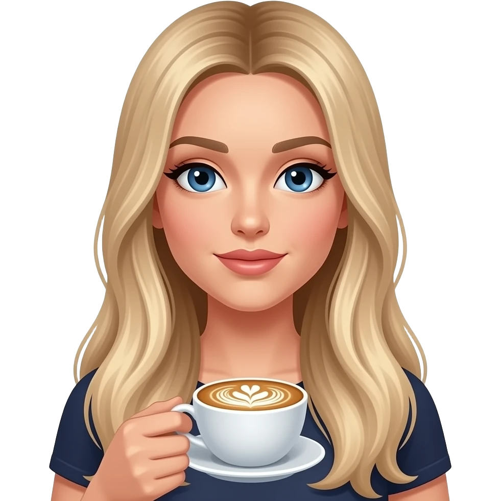 blue eye woman with extreme long straight blond hair with light ombré with late art coffee and MacBook gold in hands emoji