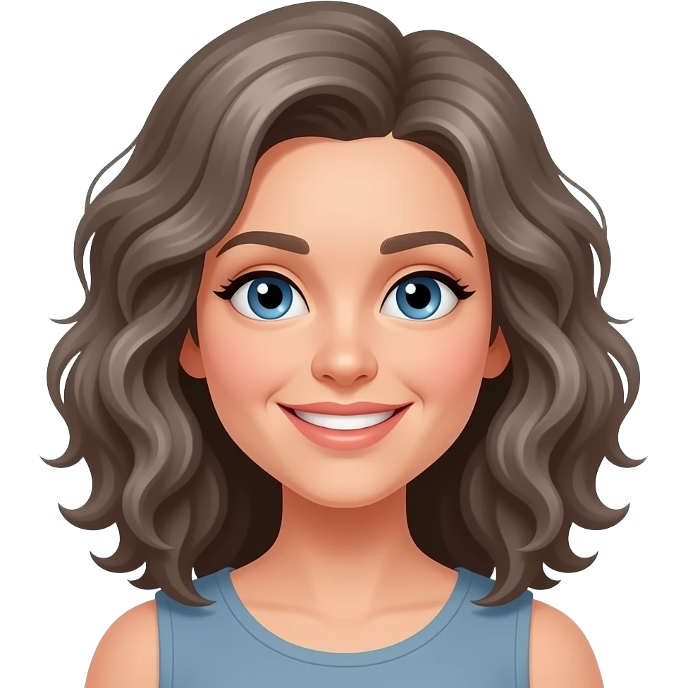 shoulder length curly grey brown blue eyes smiling woman emoji