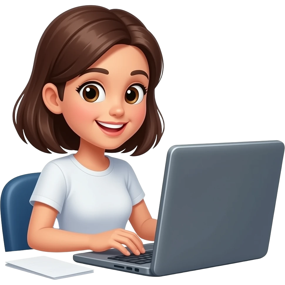 a brunet girl working on her computer with a lot of energ emoji