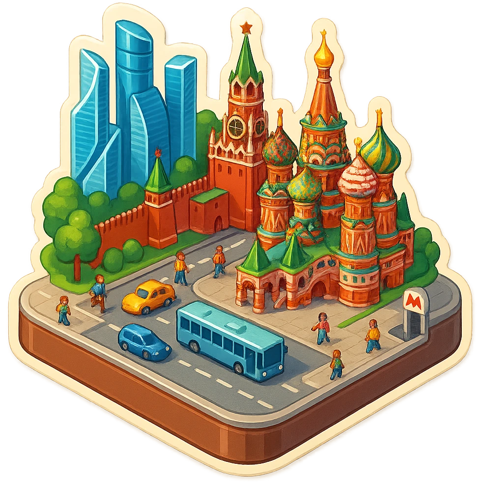 Изометричная миниатюрная 3D модель Москвы на подставке - фотореалистичный Кремль, собор Василия Блаженного, фотореалистичный Башни Москва-Сити, аккуратная детализация, яркие цвета, мультяшный реализм, гуляют люди и современный автотранспорт и метро, компактная композиция, вид сверху в изометрии emoji