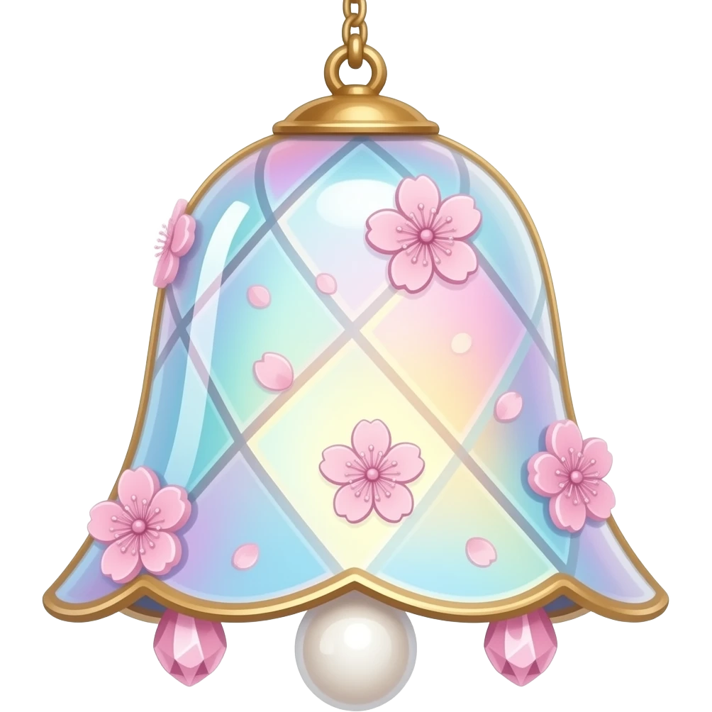 Hanging Iridescent pastel while pink sakura crystals white-pearly suncatcher with bell LAMP emoji