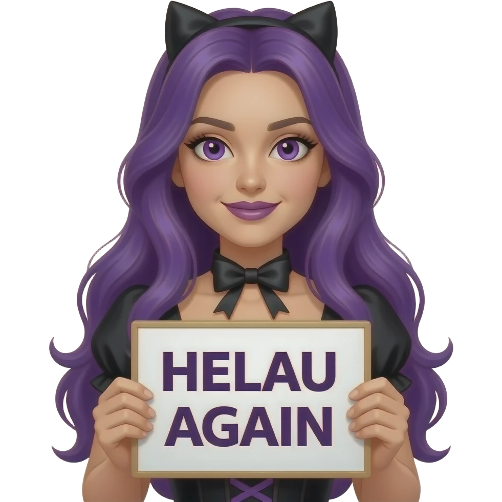 sexy girl with long purple hair and purple eyes wearing a halloween dress holding a HELAU AGAIN sign emoji