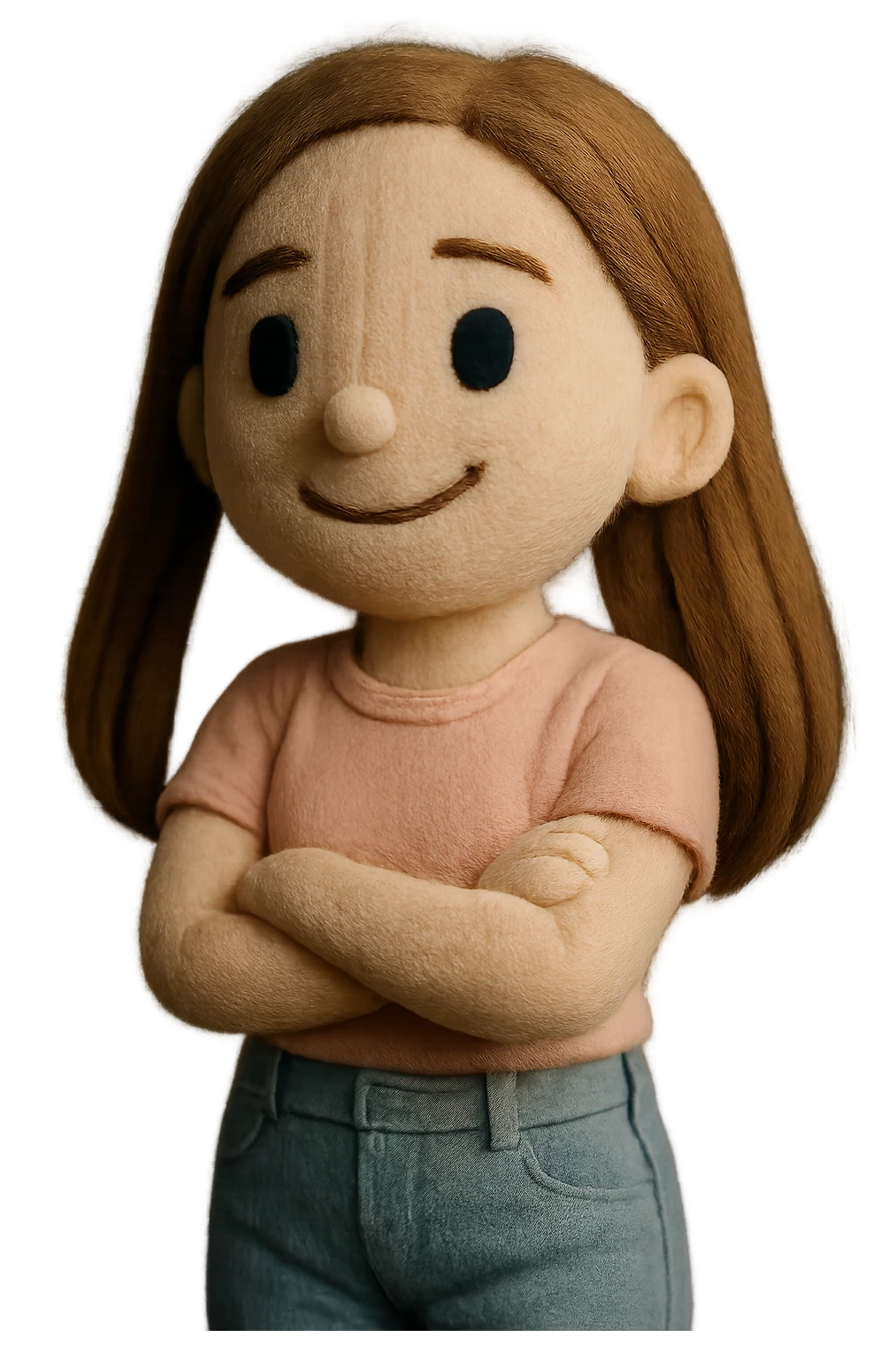 Refine the image to look more like a DreamWorks 3D cartoon style: a 30-year-old woman with long light brown hair below shoulder blades, fair skin, large expressive blue eyes, slight bump on nose, wearing a pastel pink t-shirt and light blue mom jeans. She is laughing to tears with soft light, transparent background, and a white sticker outline. emoji