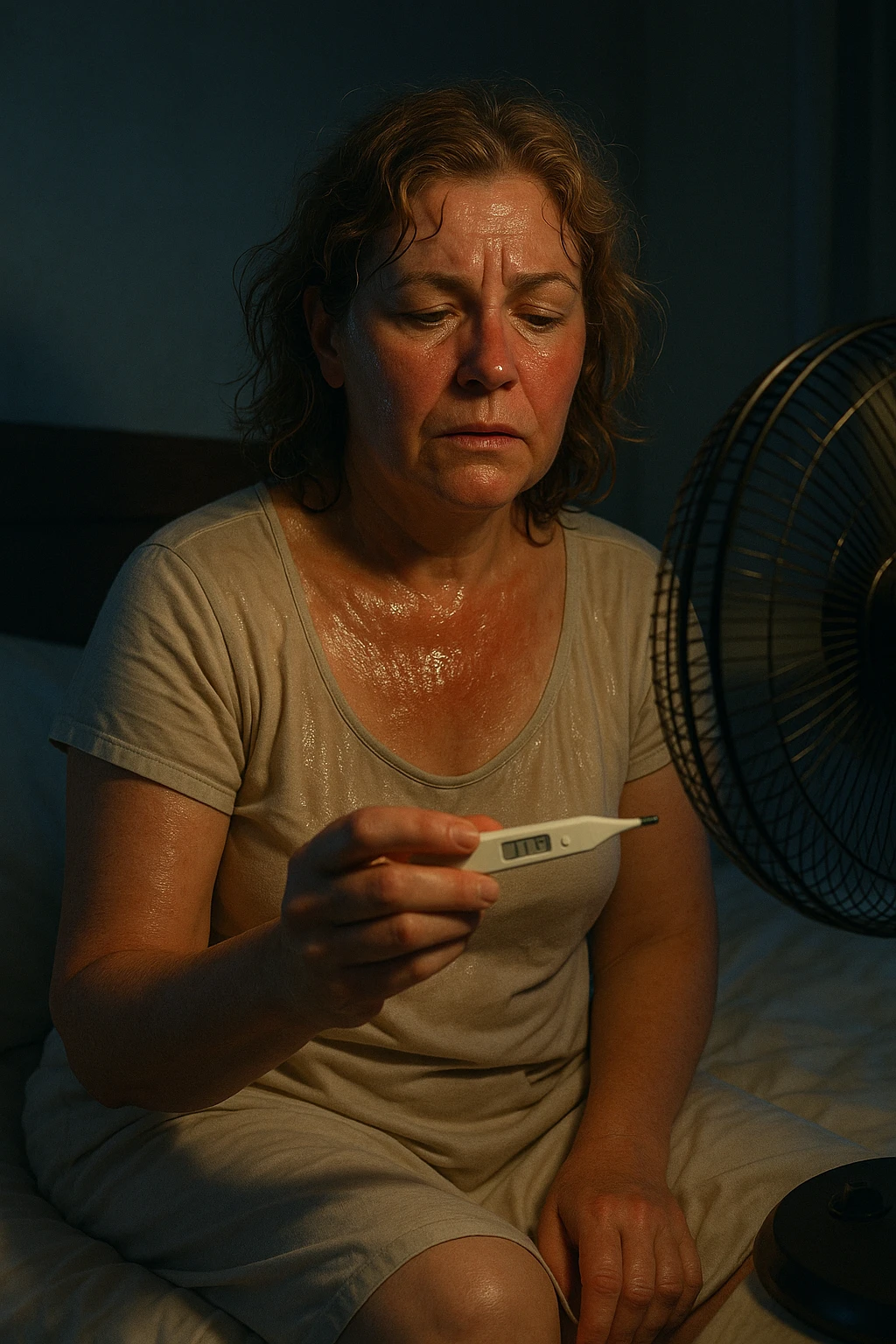 50-year-old woman sitting on bed at 3AM, nightgown soaked in sweat, face flushed as she holds thermometer showing 37.8°C, fan blowing directly on her emoji