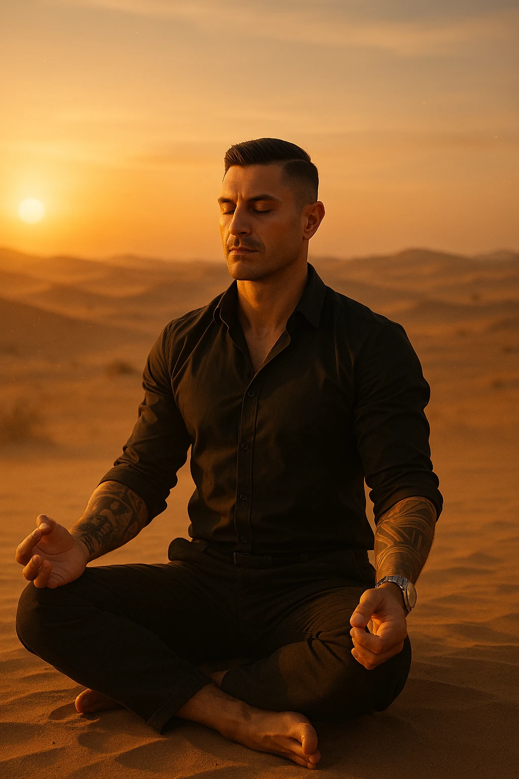 Man meditating alone in the desert at golden hour, sitting in a calm but grounded posture, radiating calm and powerful masculine energy. Minimalist surroundings, soft wind, dust in the air. Peaceful expression, symbolic of self-mastery and inner strength. Cinematic style. emoji