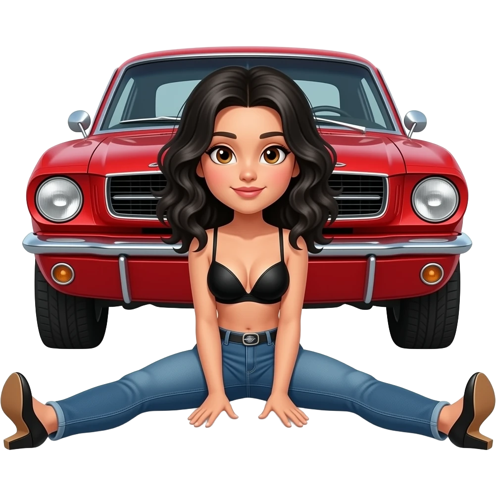 Pale girl with wavy jet black hair and brown eyes in front of a red ford mustang 1968 coupe. Girl wearing black pushup bra, jeans and heels with visible toes. Legs wide spread. emoji