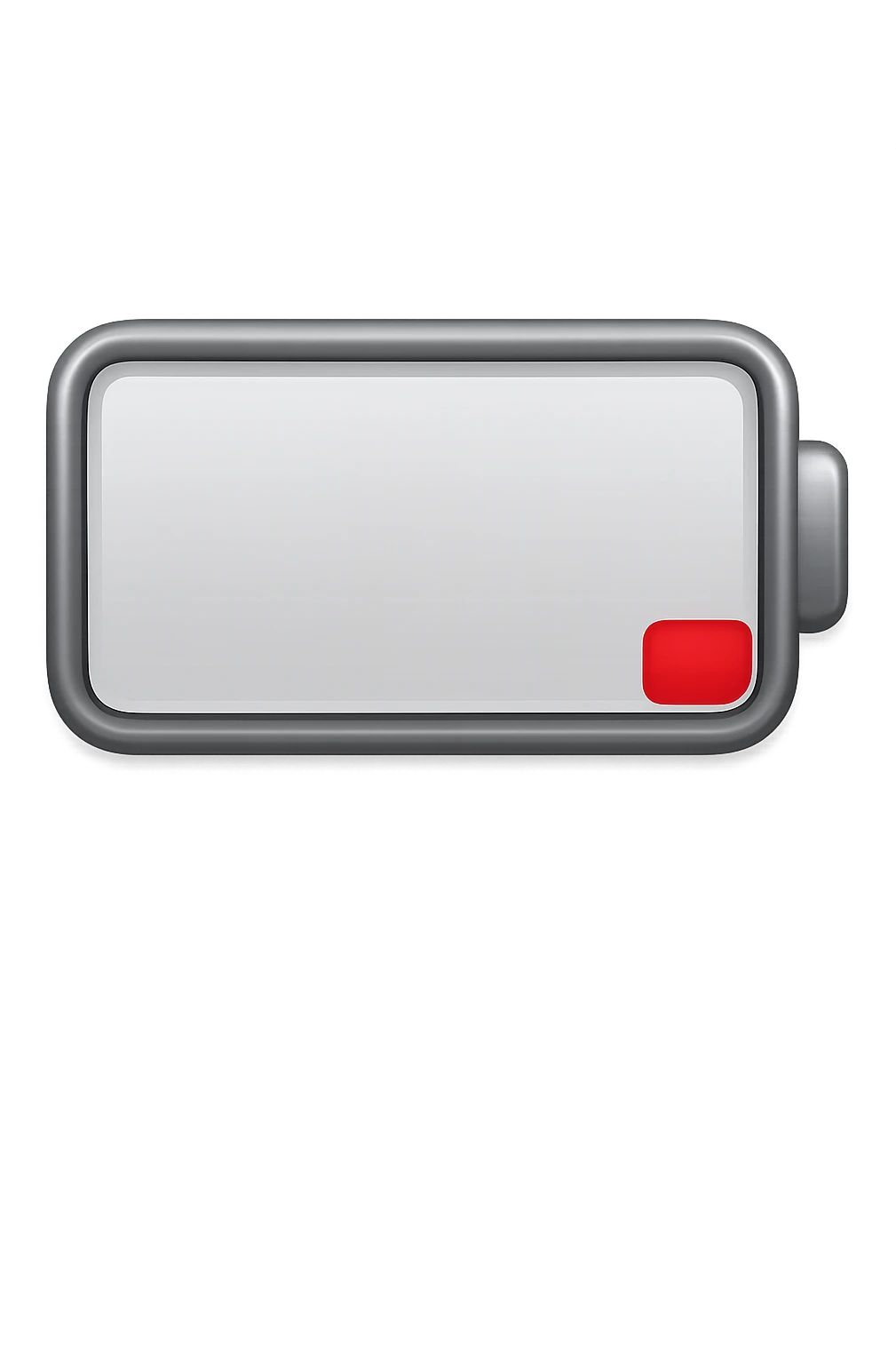iPhone-style emoji of a battery that is almost empty, with a red bar at the end indicating low energy. Clean, minimal, glossy look, transparent background. emoji