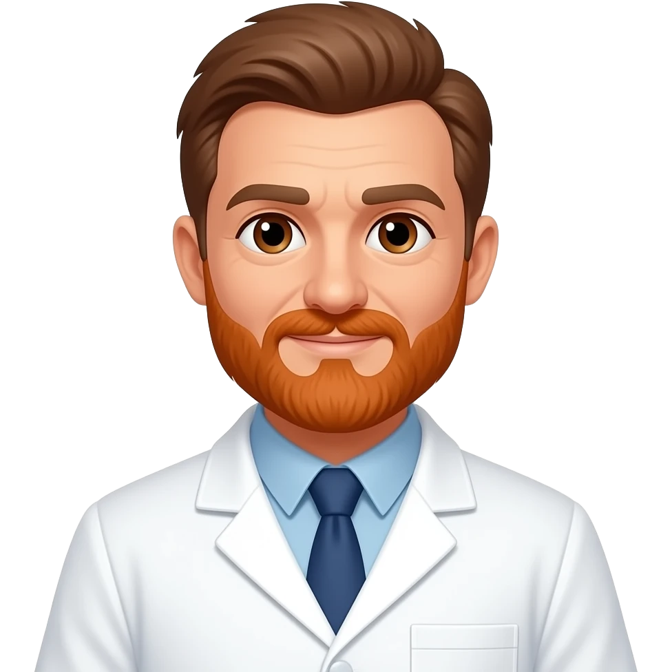 Middle aged man, brown hair, orange beard, brown eyes wearing white Dr coat emoji