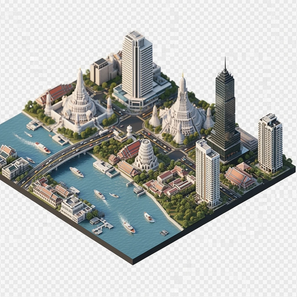 Isometric miniature of Bangkok 3D miniature effect and Tilt Shift effect, no cartoonish look, transparent background. emoji