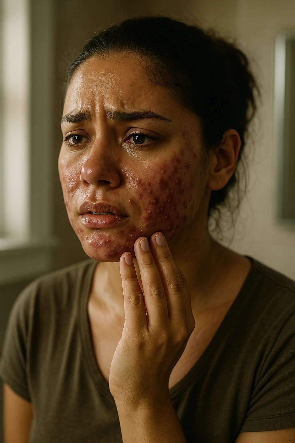 A highly realistic, cinematic portrait of a young woman in her late 20s with medium skin tone, showing visibly inflamed, deep cystic acne along her jawline, cheeks, and chin. Her skin appears red and irritated around the acne nodules, with noticeable swelling and tenderness, illustrating the painful nature of cystic acne linked to PCOS. Her facial expression shows discomfort and emotional distress, with slightly teary eyes as she gently touches an inflamed area on her jawline with her fingertips. Her hair is pulled back to clearly show the acne areas, and her skin has a slightly oily texture due to androgen-related sebum overproduction. The environment is a softly lit bathroom with neutral daylight, emphasizing the skin texture, redness, and deep acne. The style is realistic, 35mm cinematic photography with warm, neutral tones, soft shadows, and clear skin detail, providing a compassionate yet direct visualization of PCOS-related cystic acne emoji