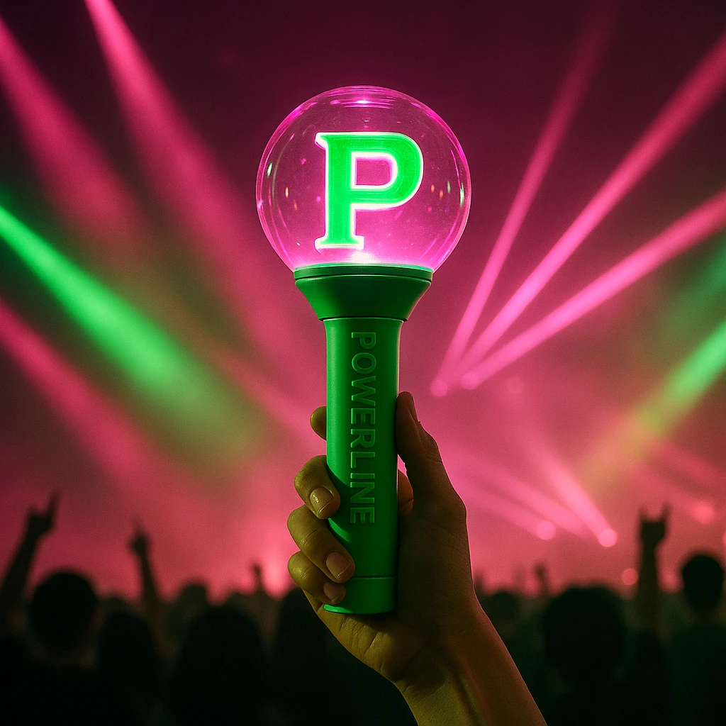 green and pink K-Pop lightstick with 'POWERLINE' on the handle, dramatic concert lighting, crowd silhouettes emoji